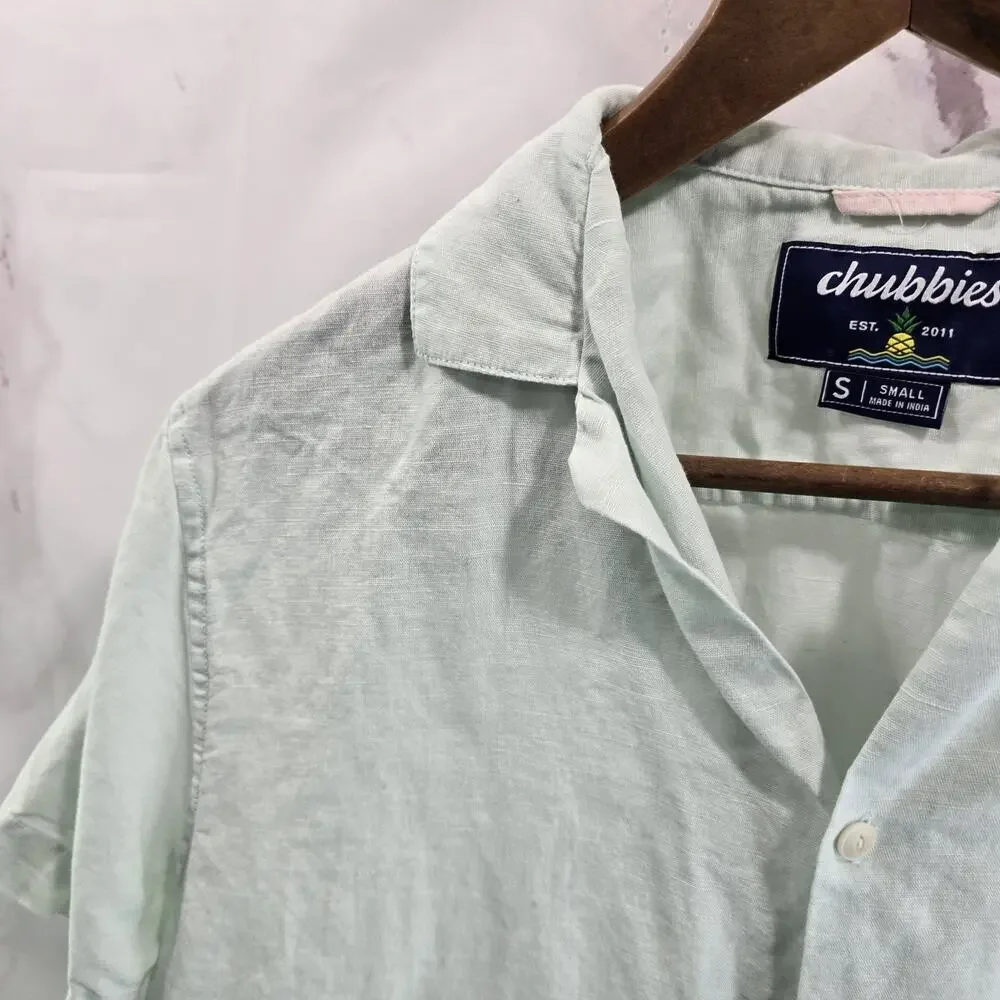 Chubbies Shirt Mens Small Blue Linen Short Sleeve Dad Fit Button Loop Collar